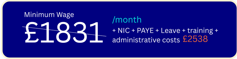 Minimum Wage £1831/month + NIC + PAYE + Leave + training + administrative costs £2538